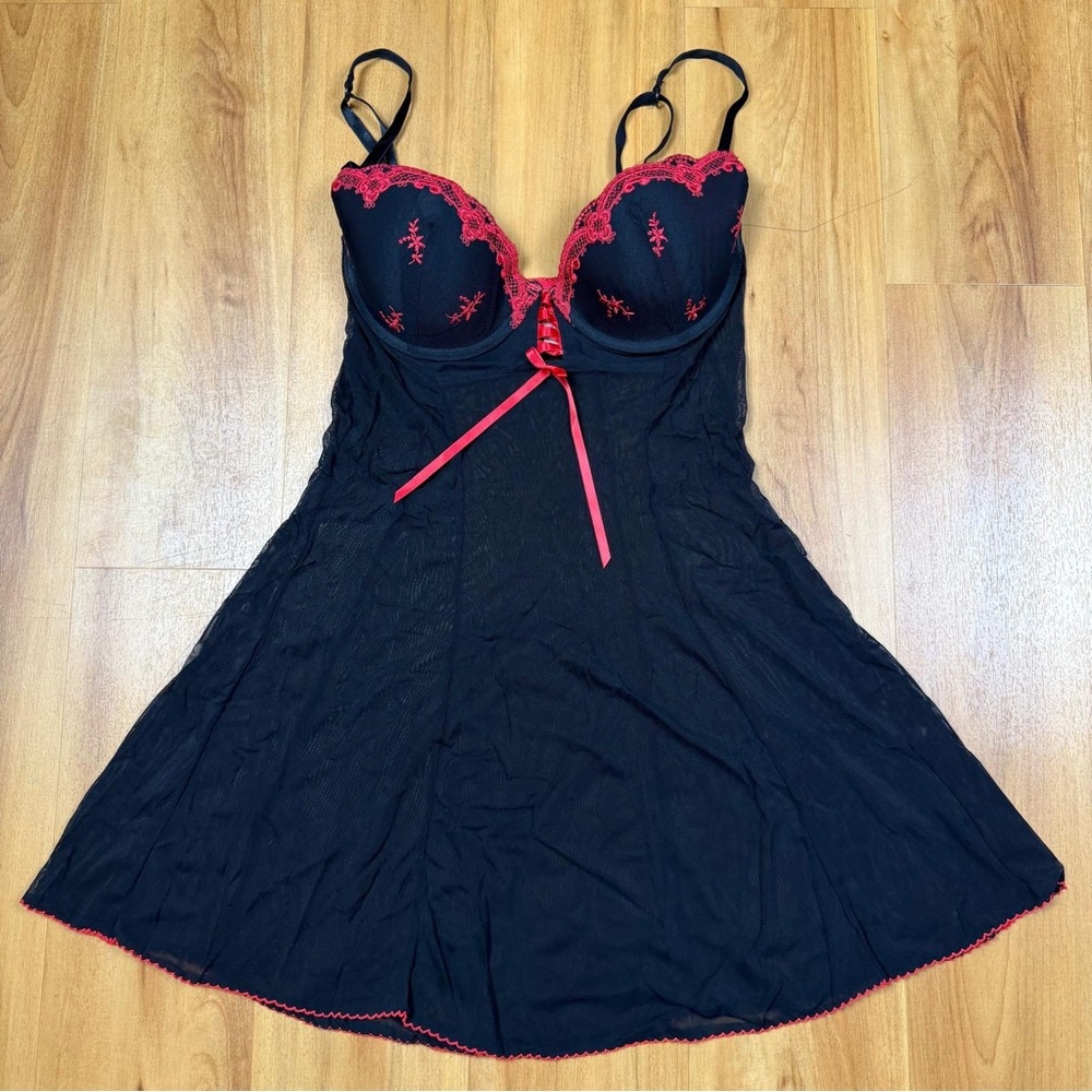 Delicates Lace‎ Babydoll Black Red Sheer Mesh Lingerie Large Sexy Ribbon